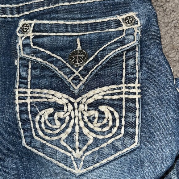 AFFLICTION 73 MMA JADE Top Stitched Denim Distressed Low Rise Flare Jeans EUC 27 - Picture 8 of 14